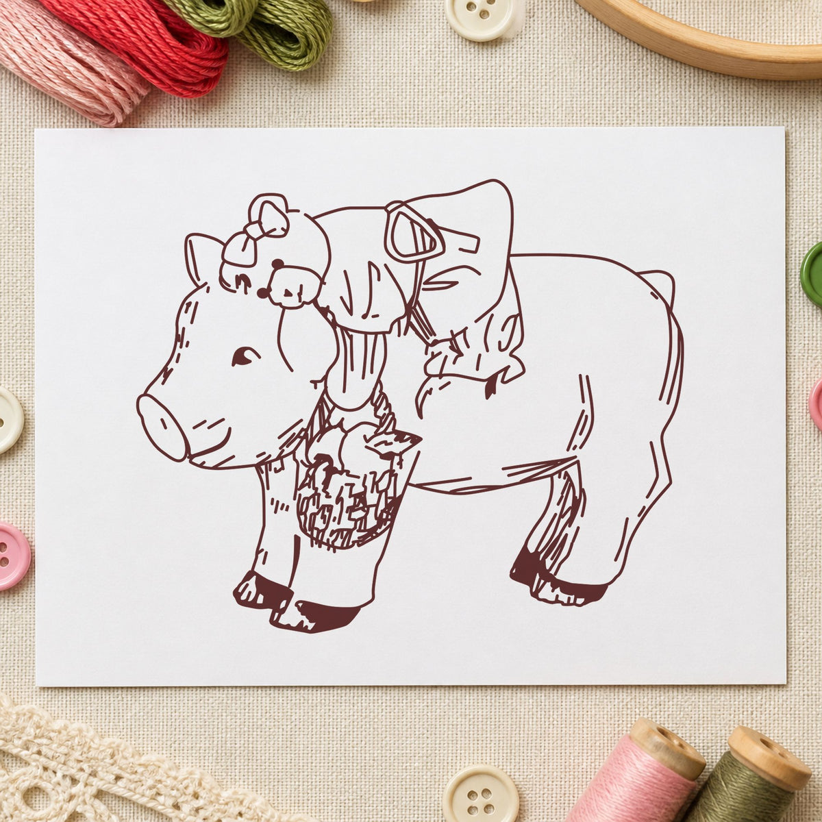 Bear Riding Pig Art Rubber Stamp in use 9