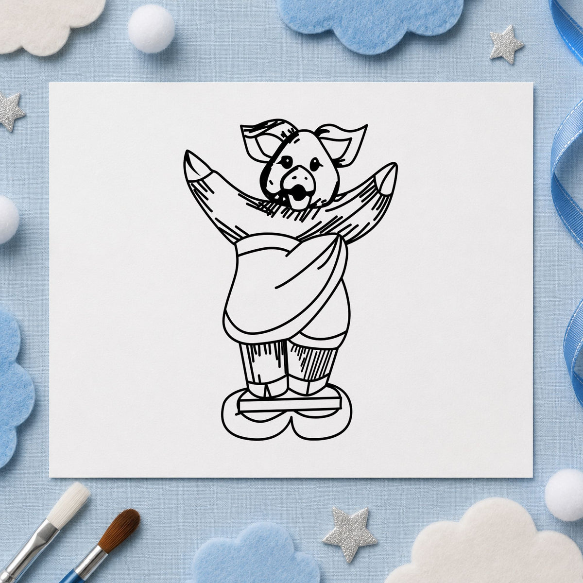 Pig on Bathroom Scales Rubber Stamp impression in black ink on white paper in a styled craft setting.