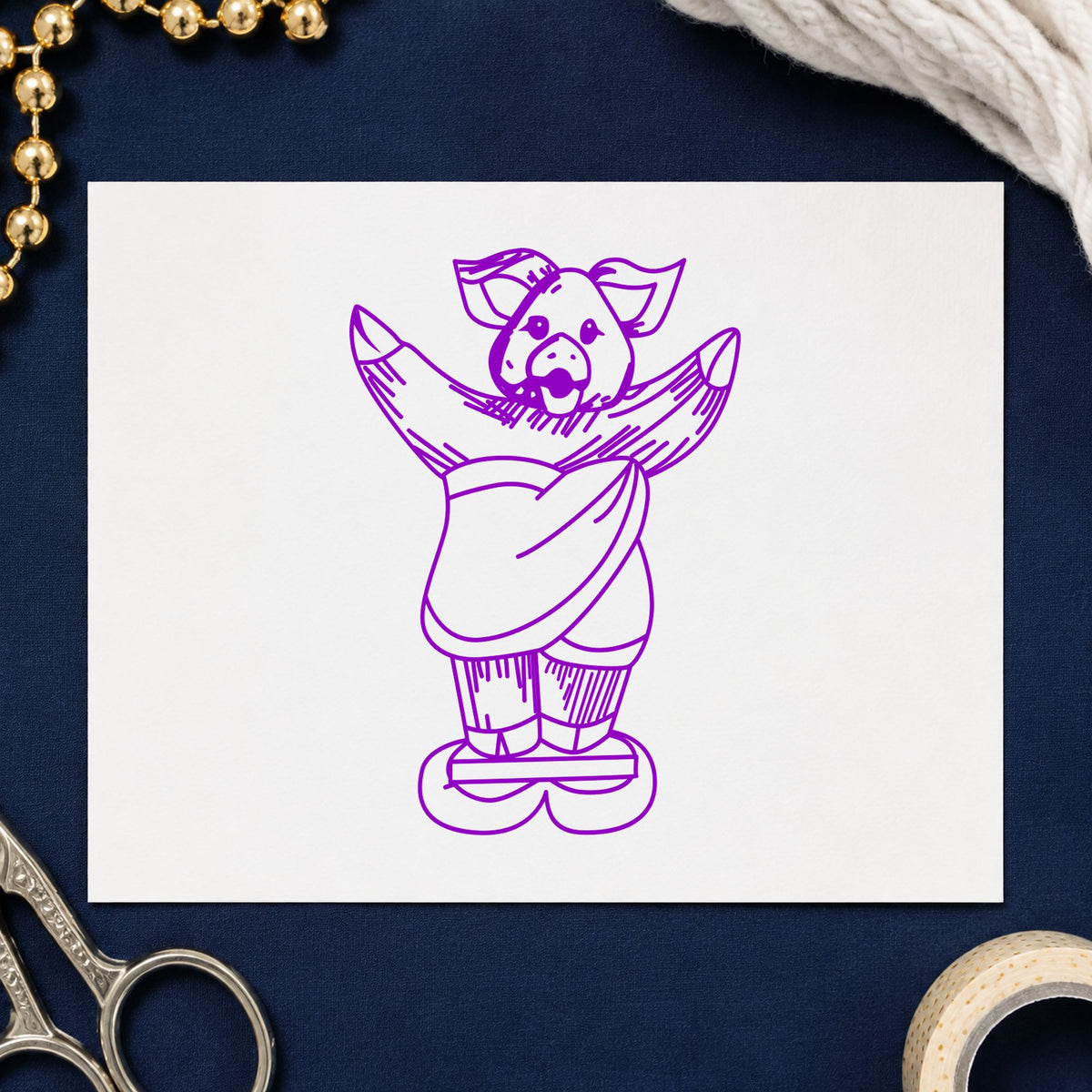 Pig on Bathroom Scales Rubber Stamp impression in purple ink on white paper in a styled craft setting.
