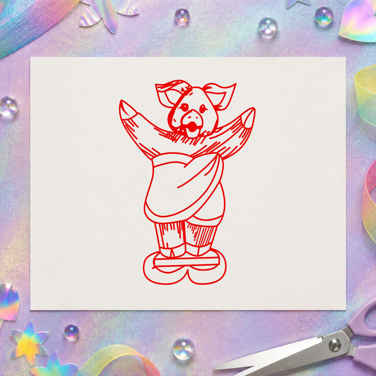 Pig on Bathroom Scales Rubber Stamp impression in red ink on white paper in a styled craft setting.