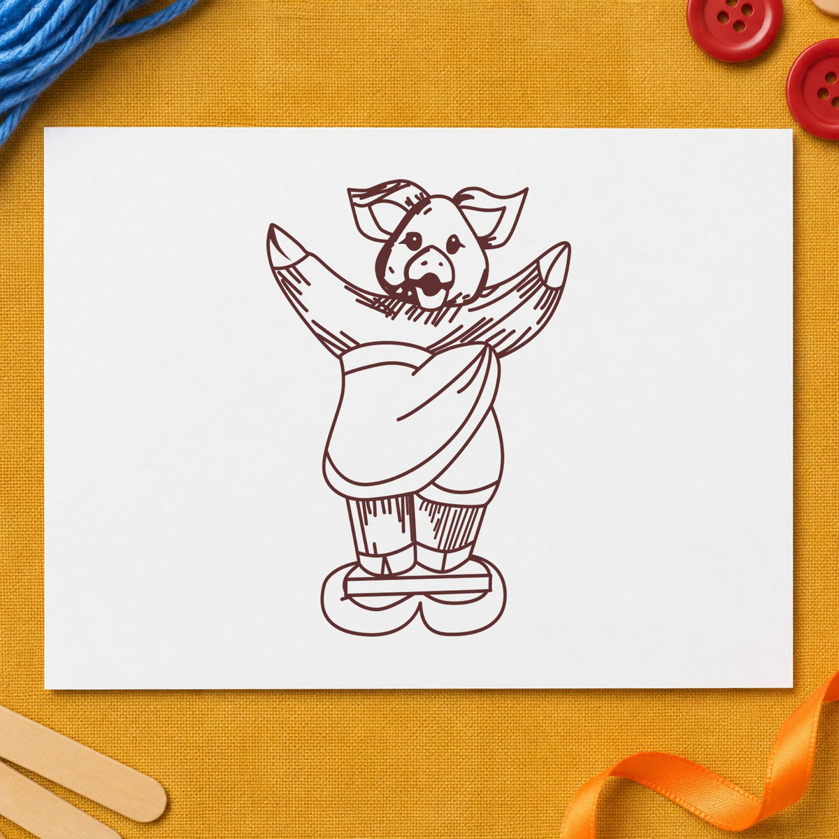 Pig on Bathroom Scales Rubber Stamp impression in brown ink on white paper in a styled craft setting.