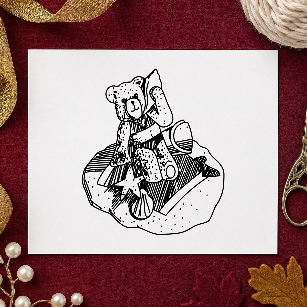 Bear on Blanket Art Rubber Stamp in use 1
