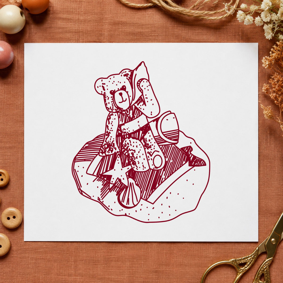 Bear on Blanket Art Rubber Stamp in use 10