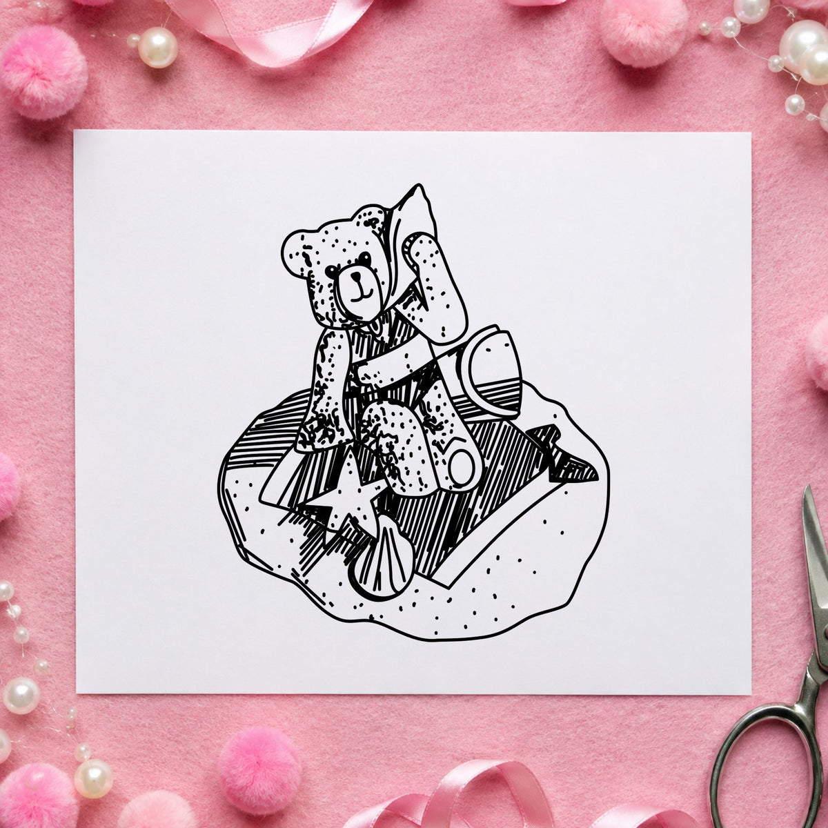 Bear on Blanket Art Rubber Stamp in use 2