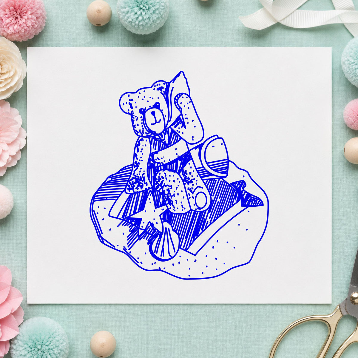 Bear on Blanket Art Rubber Stamp in use 4
