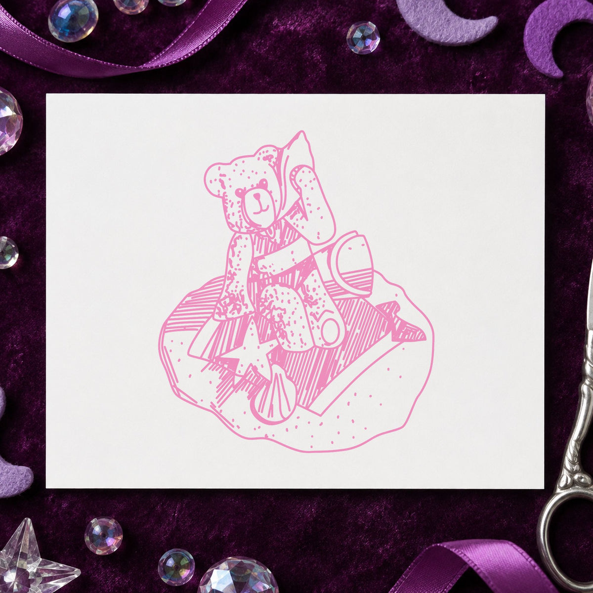Bear on Blanket Art Rubber Stamp in use 6