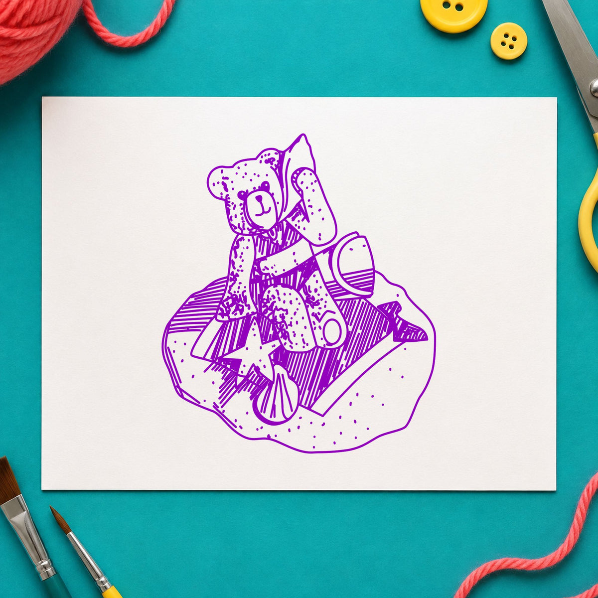 Bear on Blanket Art Rubber Stamp in use 7