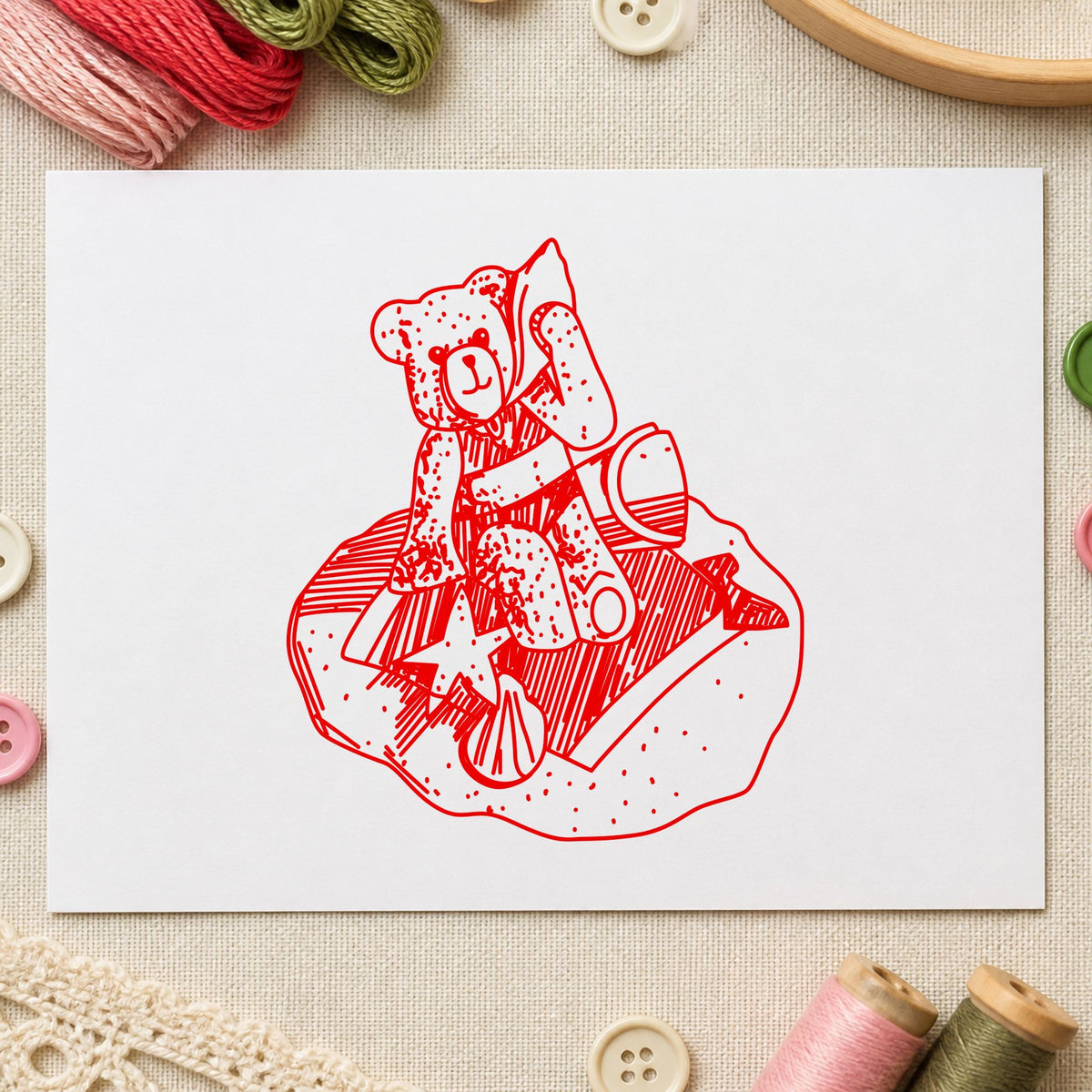 Bear on Blanket Art Rubber Stamp in use 8