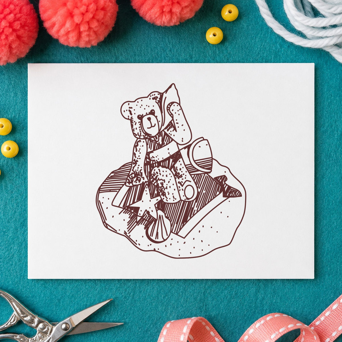 Bear on Blanket Art Rubber Stamp in use 9