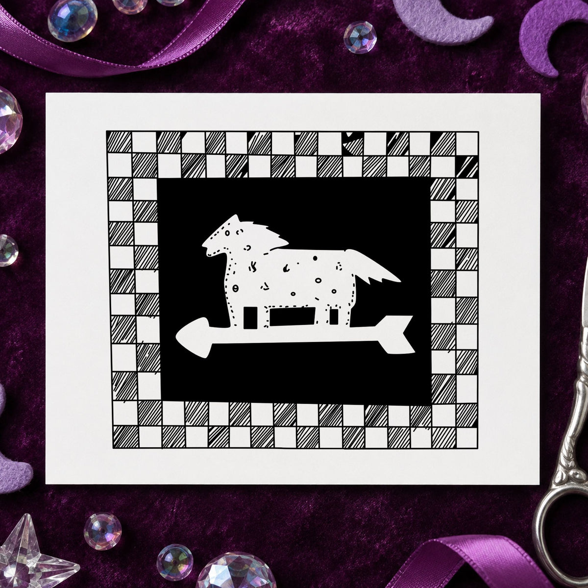 Horse Weathervane Rubber Stamp Checkered Border impression in black ink on white paper in a styled craft setting.