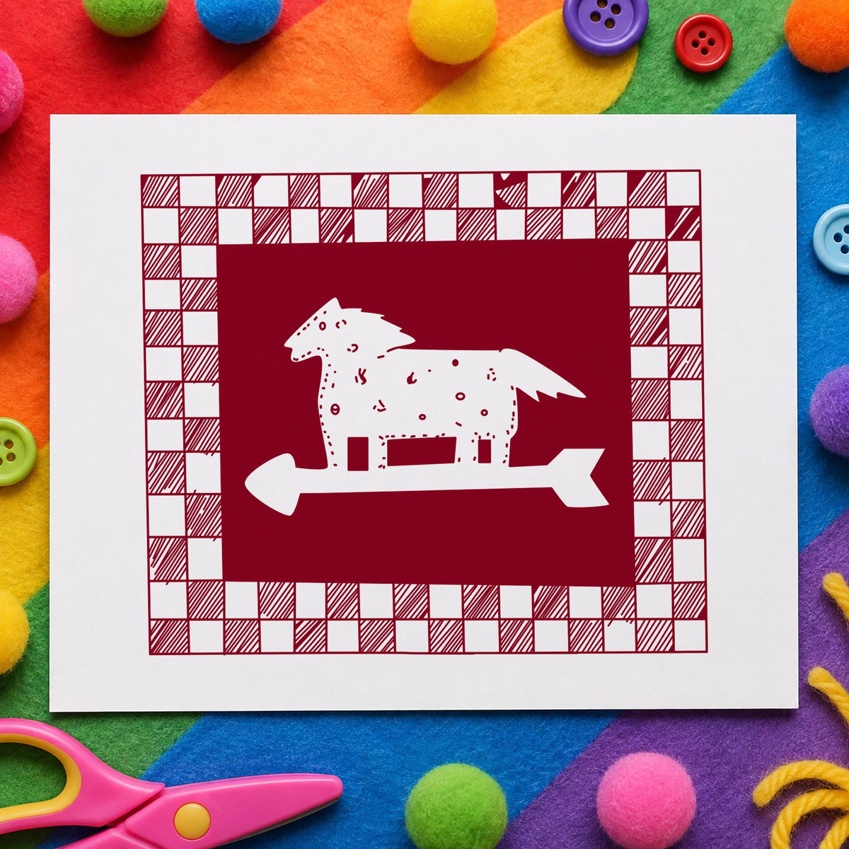 Horse Weathervane Rubber Stamp Checkered Border impression in burgundy ink on white paper in a styled craft setting.
