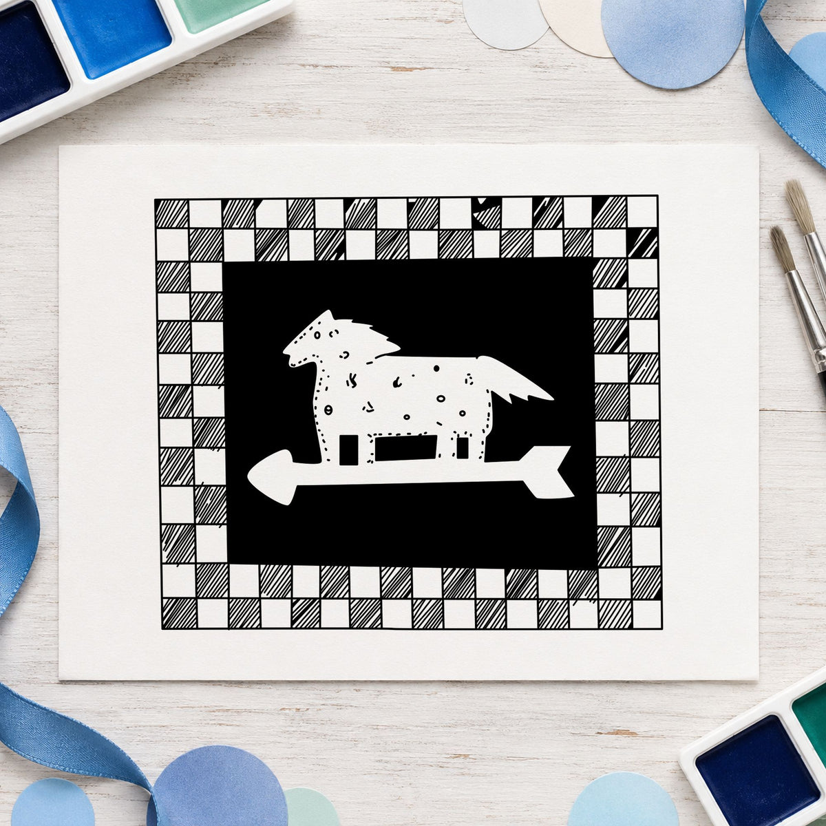 Black impression from a horse rubber stamp, featuring the horse weathervane checkered border design on white paper.