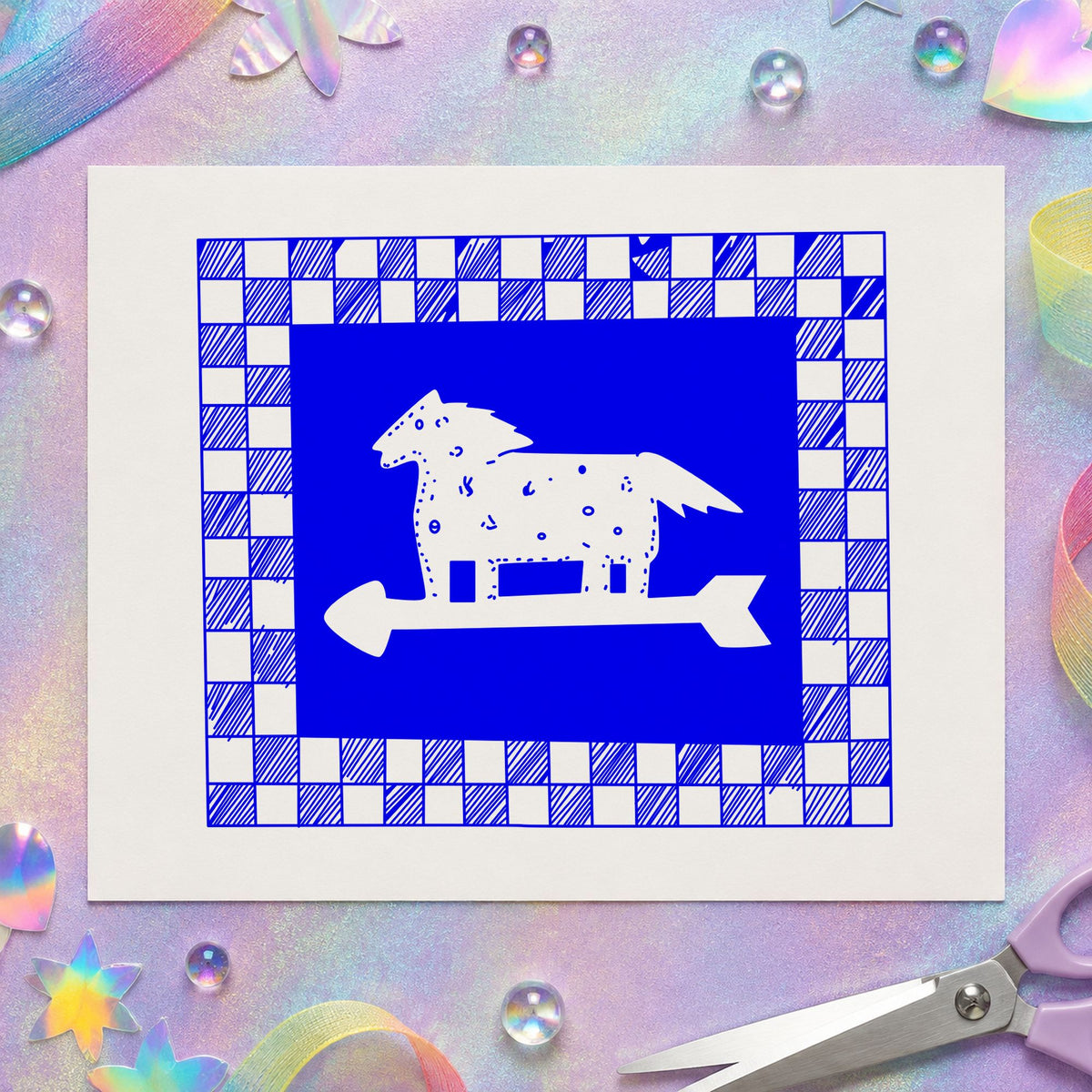 Blue country border stamp impression featuring the horse weathervane checkered border design on white paper.