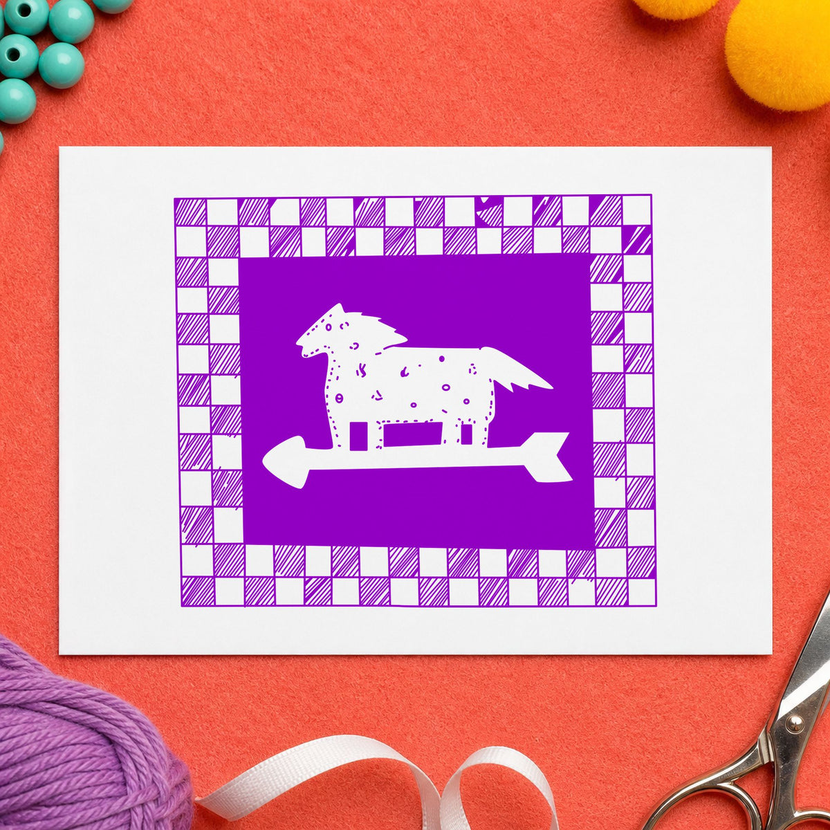 Horse Weathervane Rubber Stamp Checkered Border impression in purple ink on white paper in a styled craft setting.