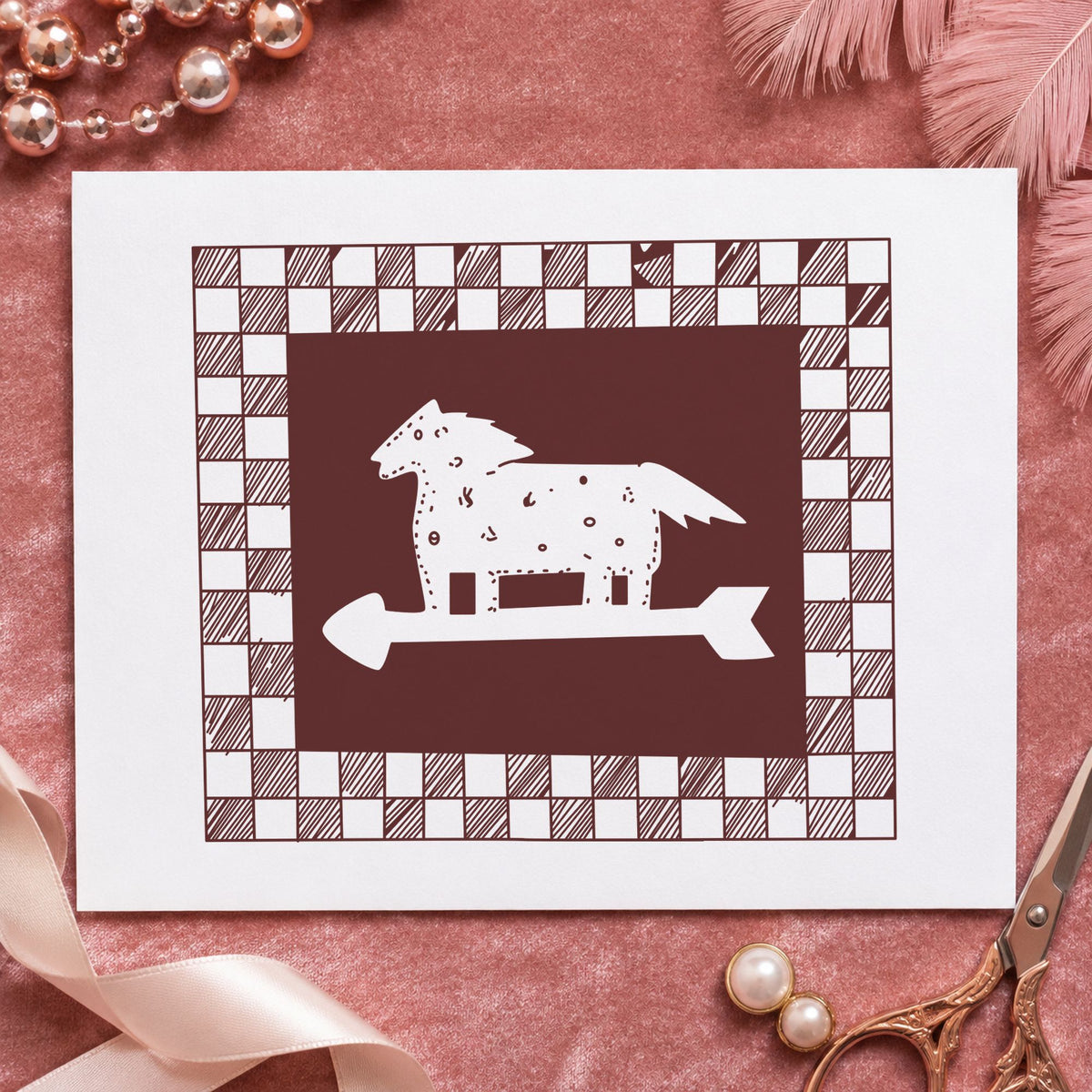 Horse Weathervane Rubber Stamp Checkered Border impression in brown ink on white paper in a styled craft setting.