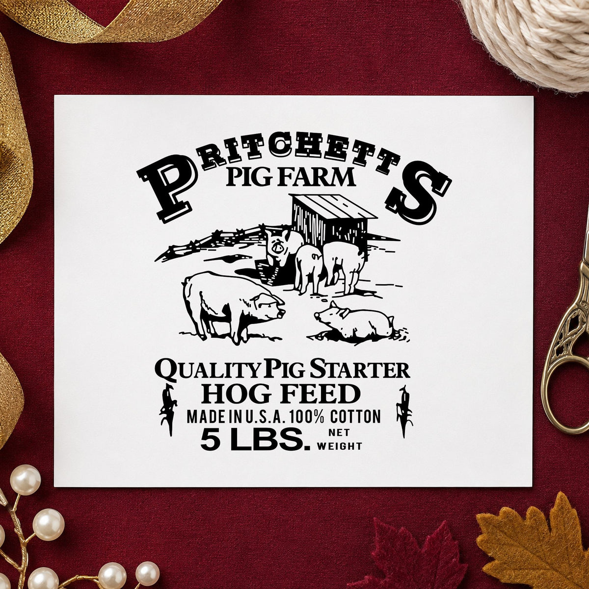 Hog Feed Label Rubber Stamp impression in black ink on white paper in a styled craft setting.