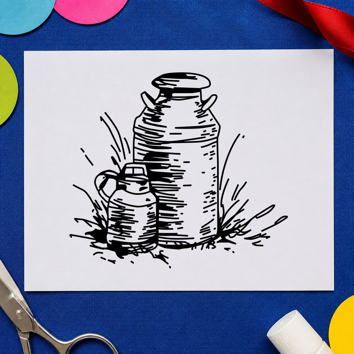 Two Milk Cans Rubber Stamp impression in black ink on white paper in a styled craft setting.