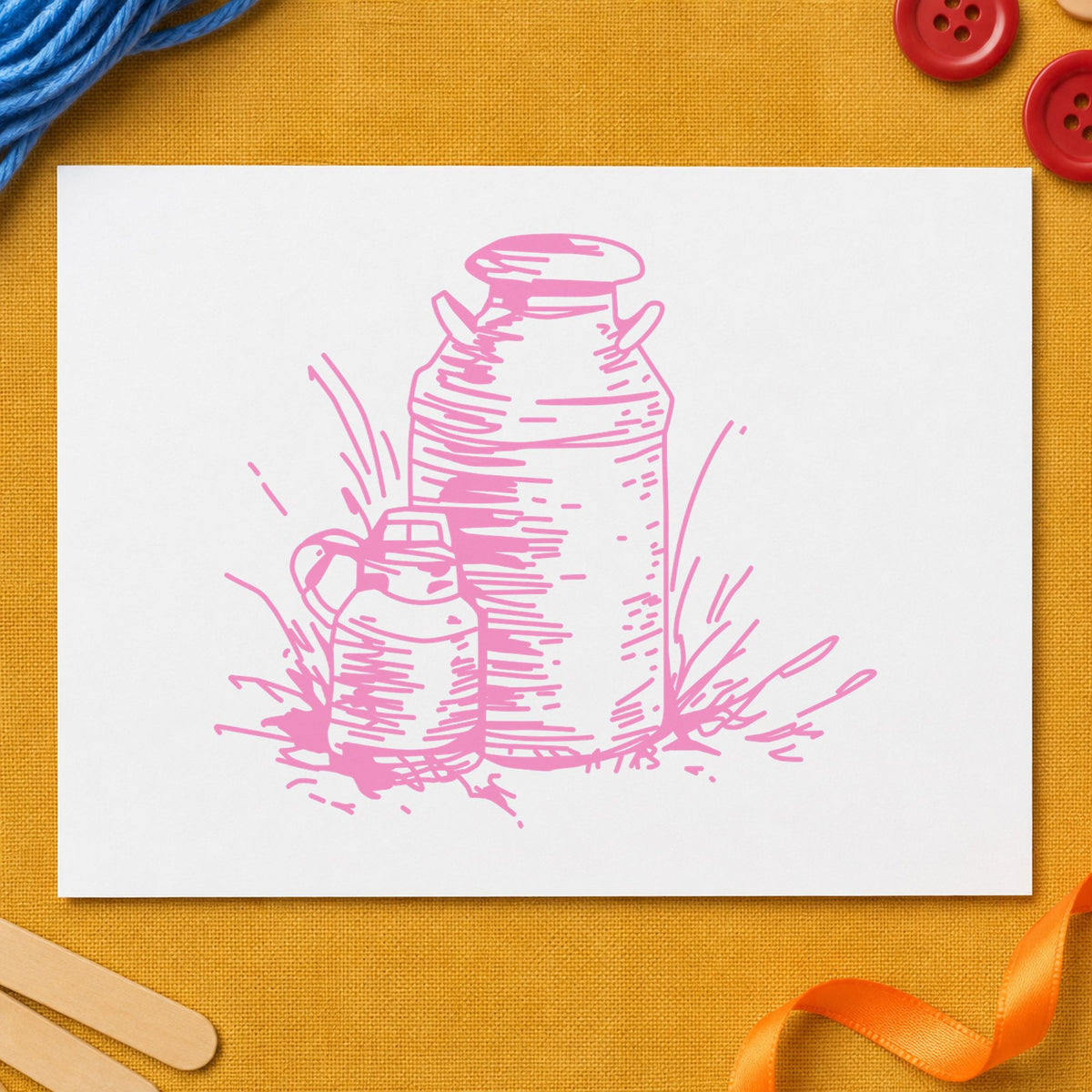 Two Milk Cans Rubber Stamp impression in pink ink on white paper in a styled craft setting.