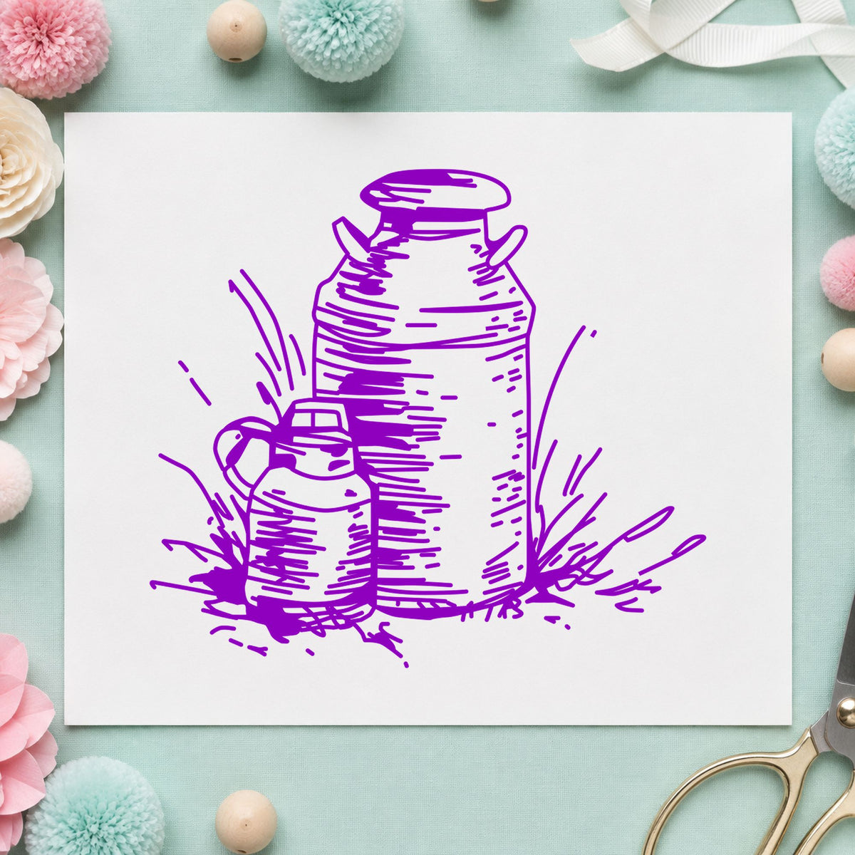 Two Milk Cans Rubber Stamp impression in purple ink on white paper in a styled craft setting.