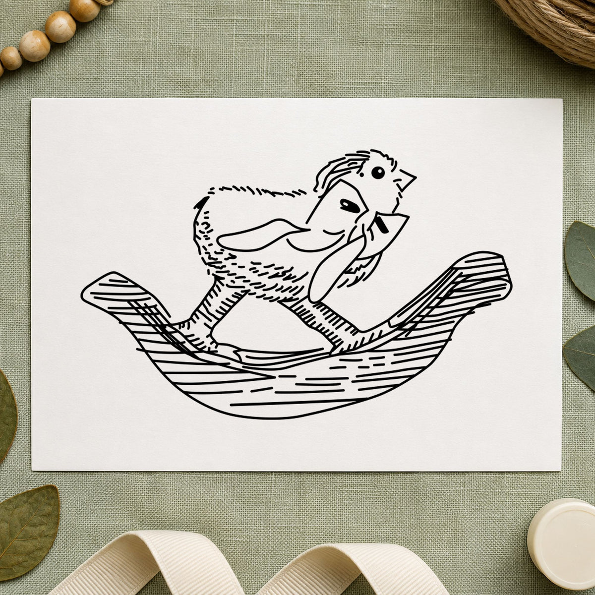 Black impression from a chicken rubber stamp, featuring the rocking chicken with bow design on white paper.