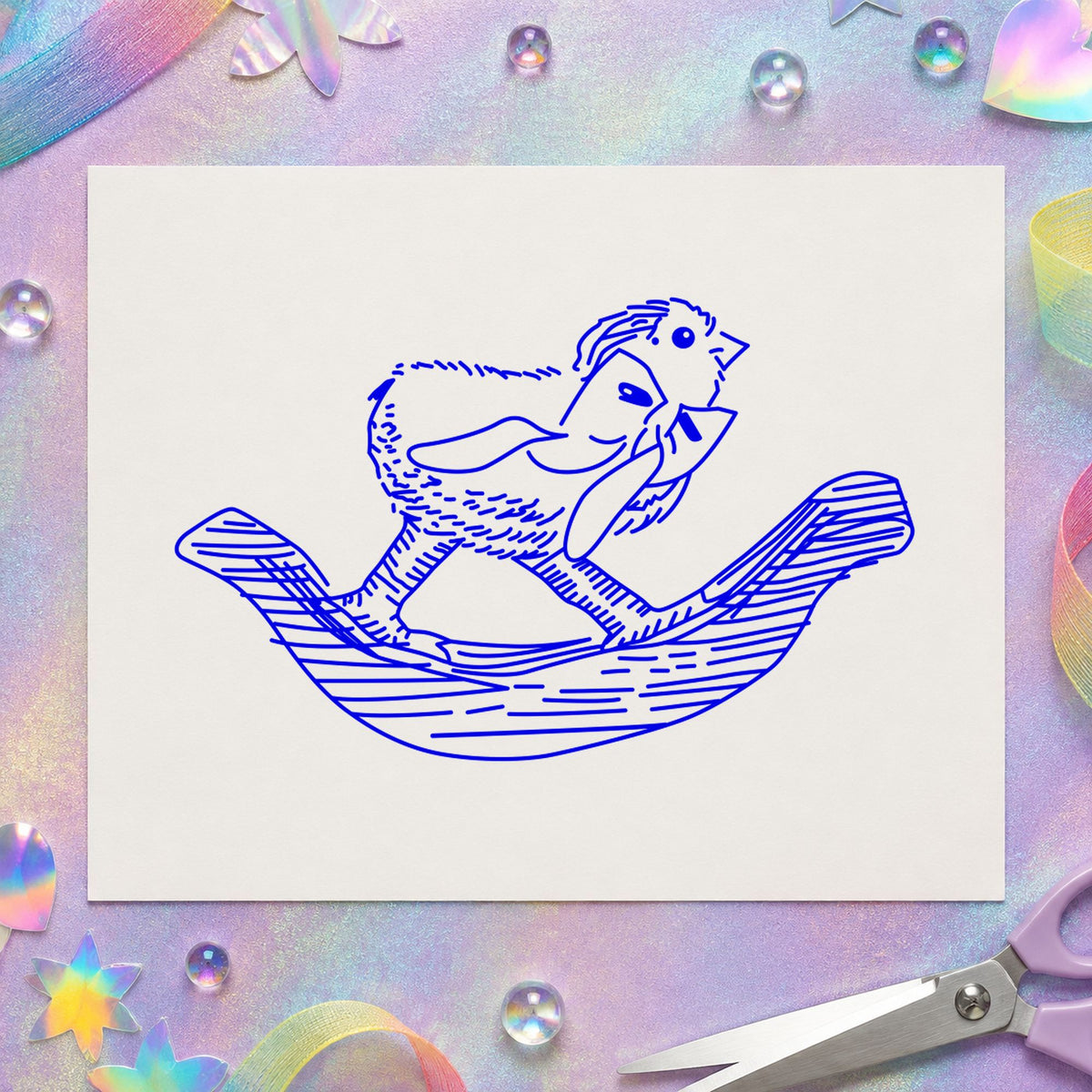 Rocking Chicken with Bow Rubber Stamp impression in blue ink on white paper in a styled craft setting.