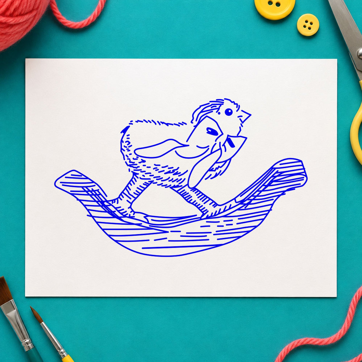 Blue country animal stamp impression featuring the rocking chicken with bow design on white paper.