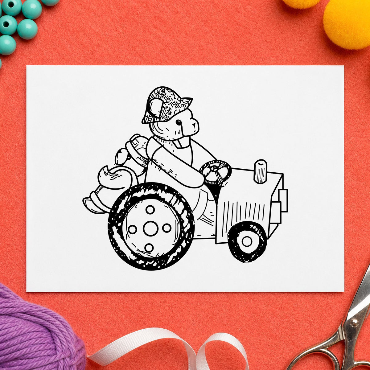 Bear on Tractor Art Rubber Stamp in use 1