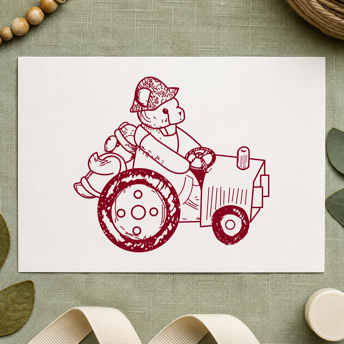 Bear on Tractor Art Rubber Stamp in use 10
