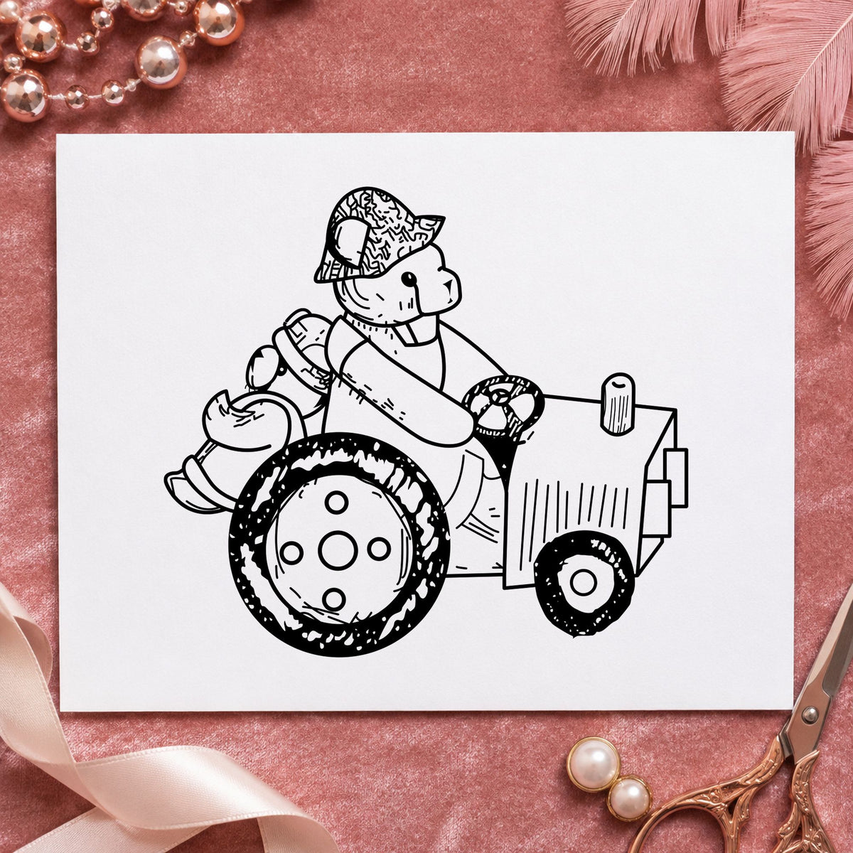 Bear on Tractor Art Rubber Stamp in use 2