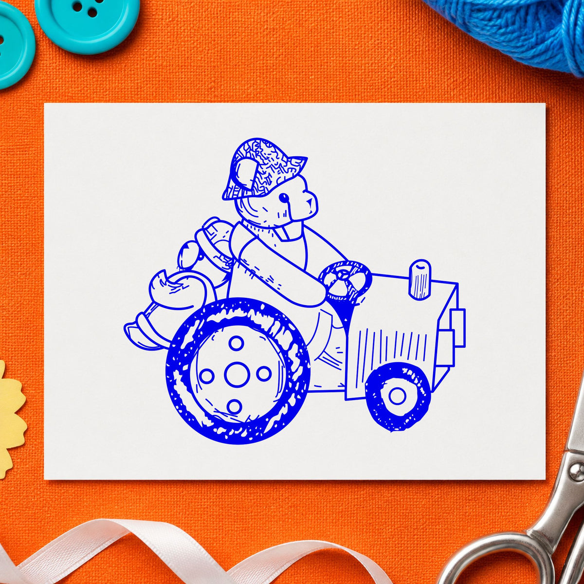 Bear on Tractor Art Rubber Stamp in use 3