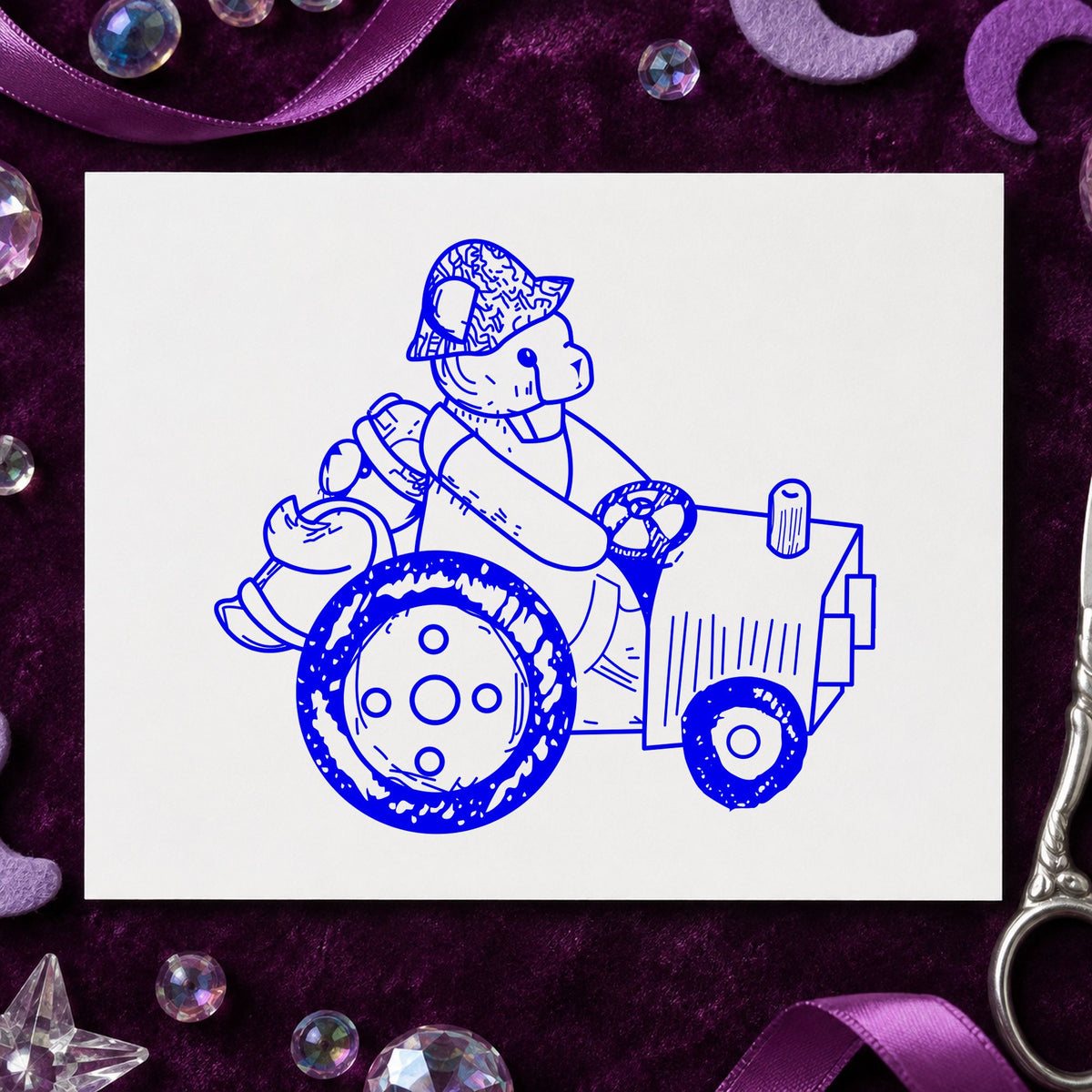 Bear on Tractor Art Rubber Stamp in use 4