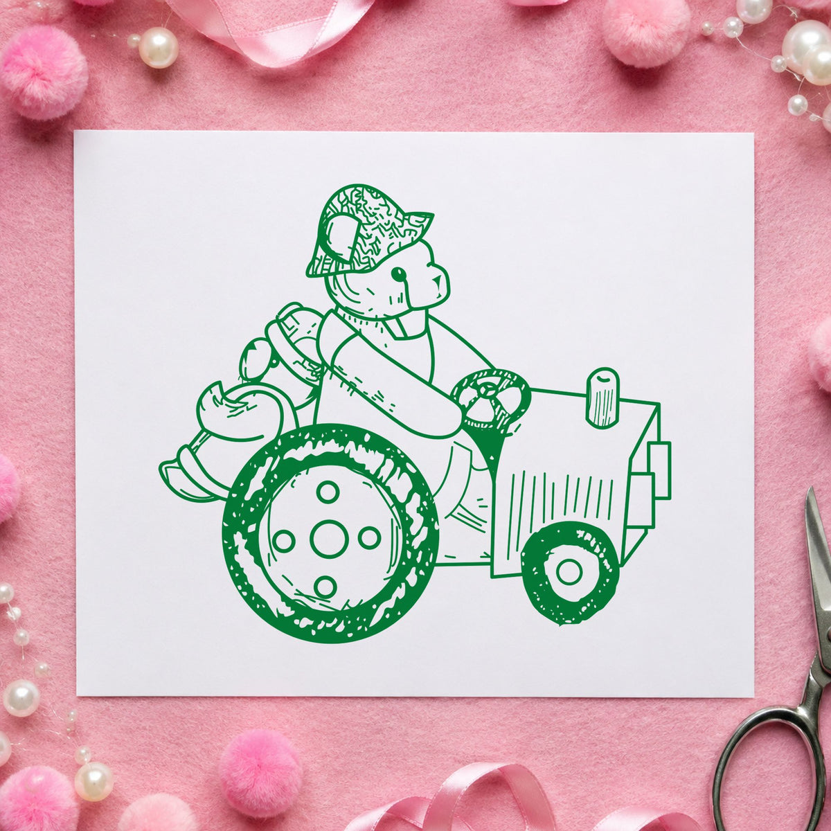 Bear on Tractor Art Rubber Stamp in use 5