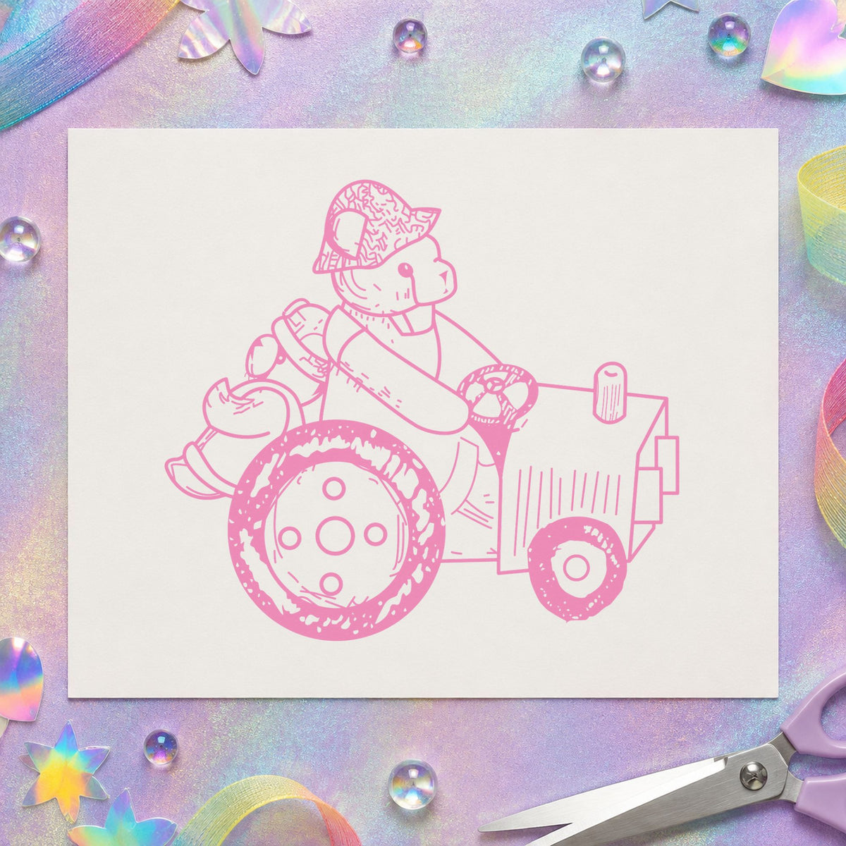 Bear on Tractor Art Rubber Stamp in use 6