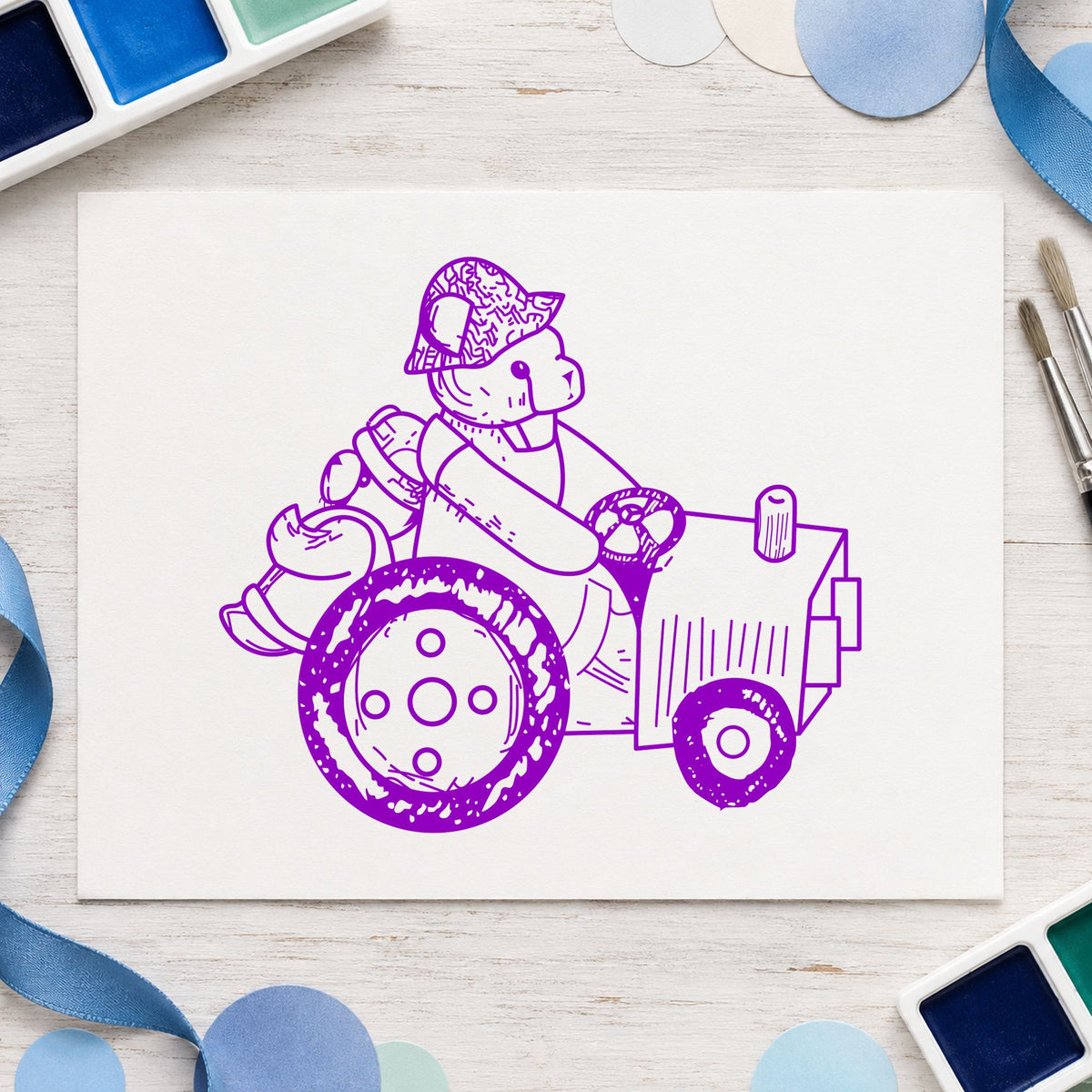 Bear on Tractor Art Rubber Stamp in use 7