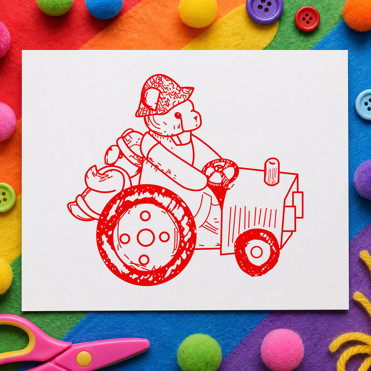 Bear on Tractor Art Rubber Stamp in use 8