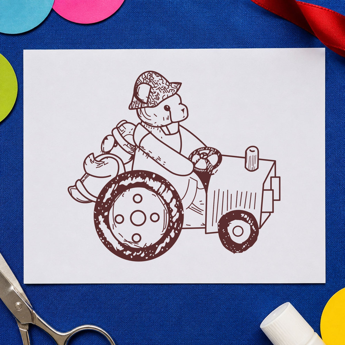 Bear on Tractor Art Rubber Stamp in use 9