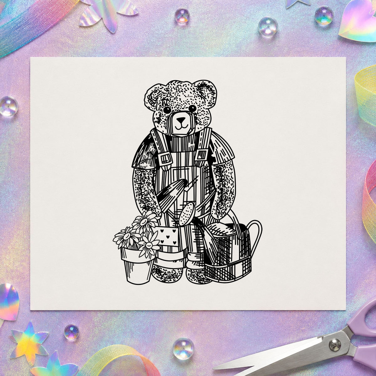 Black impression from a rocking horse stamp, featuring the teddy bear riding rocking horse design on white paper.