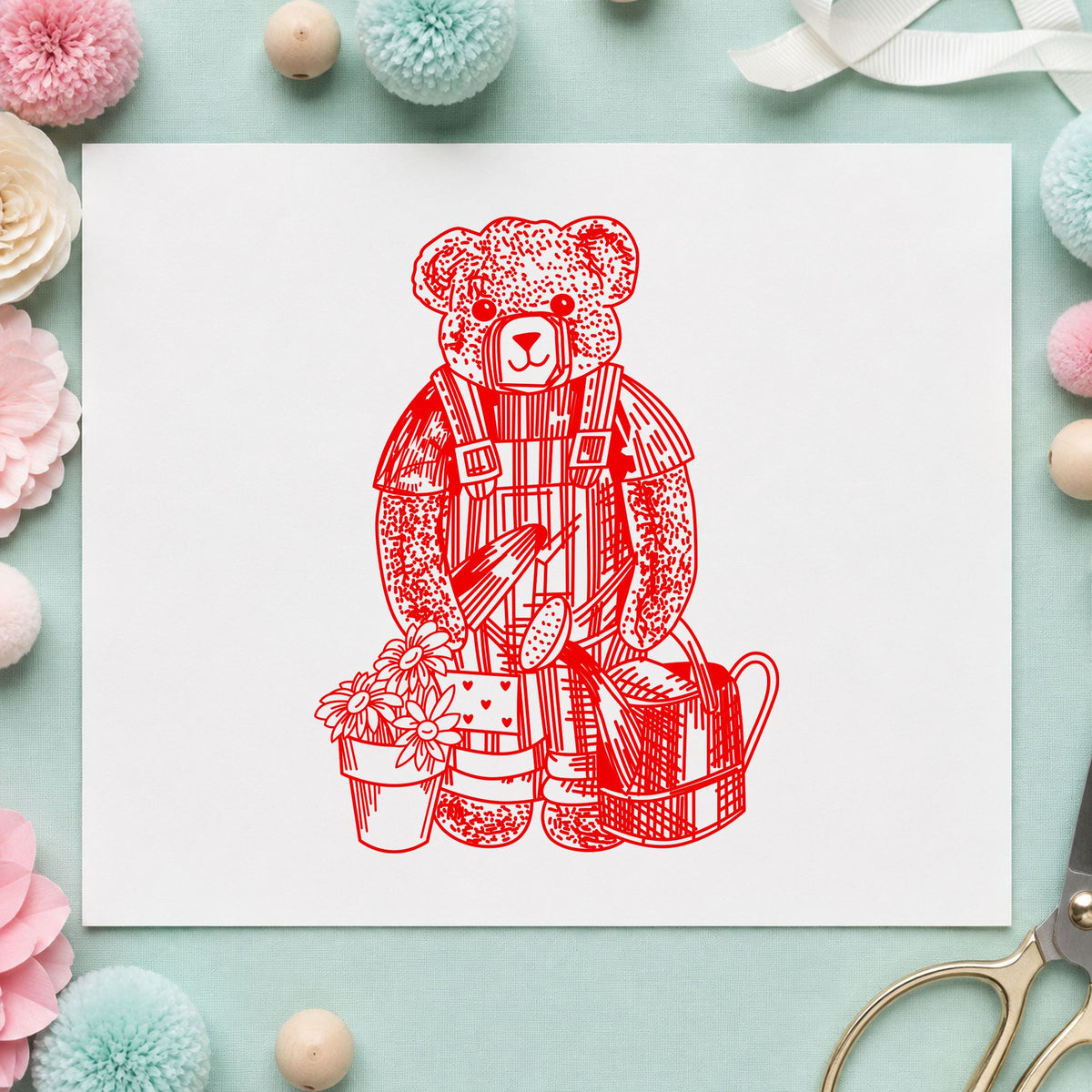 Teddy Bear Riding Rocking Horse Rubber Stamp impression in red ink on white paper in a styled craft setting.