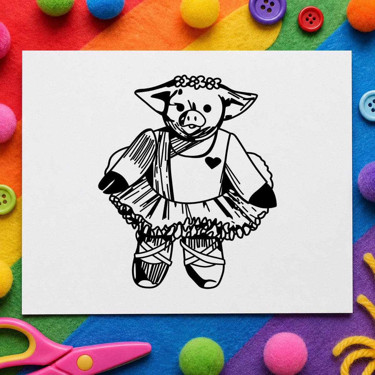 Ballet Pig Art Rubber Stamp in use 1