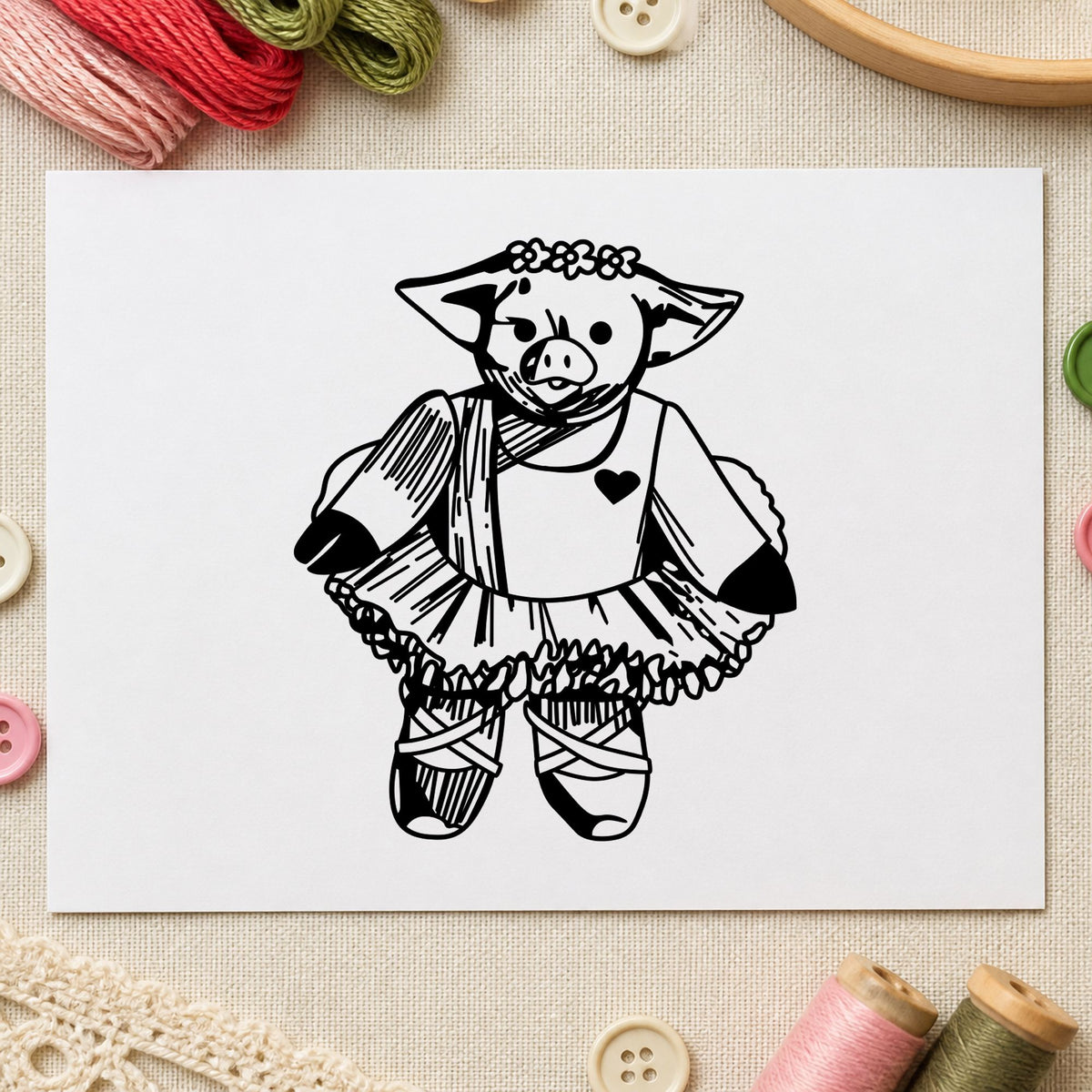 Ballet Pig Art Rubber Stamp in use 2
