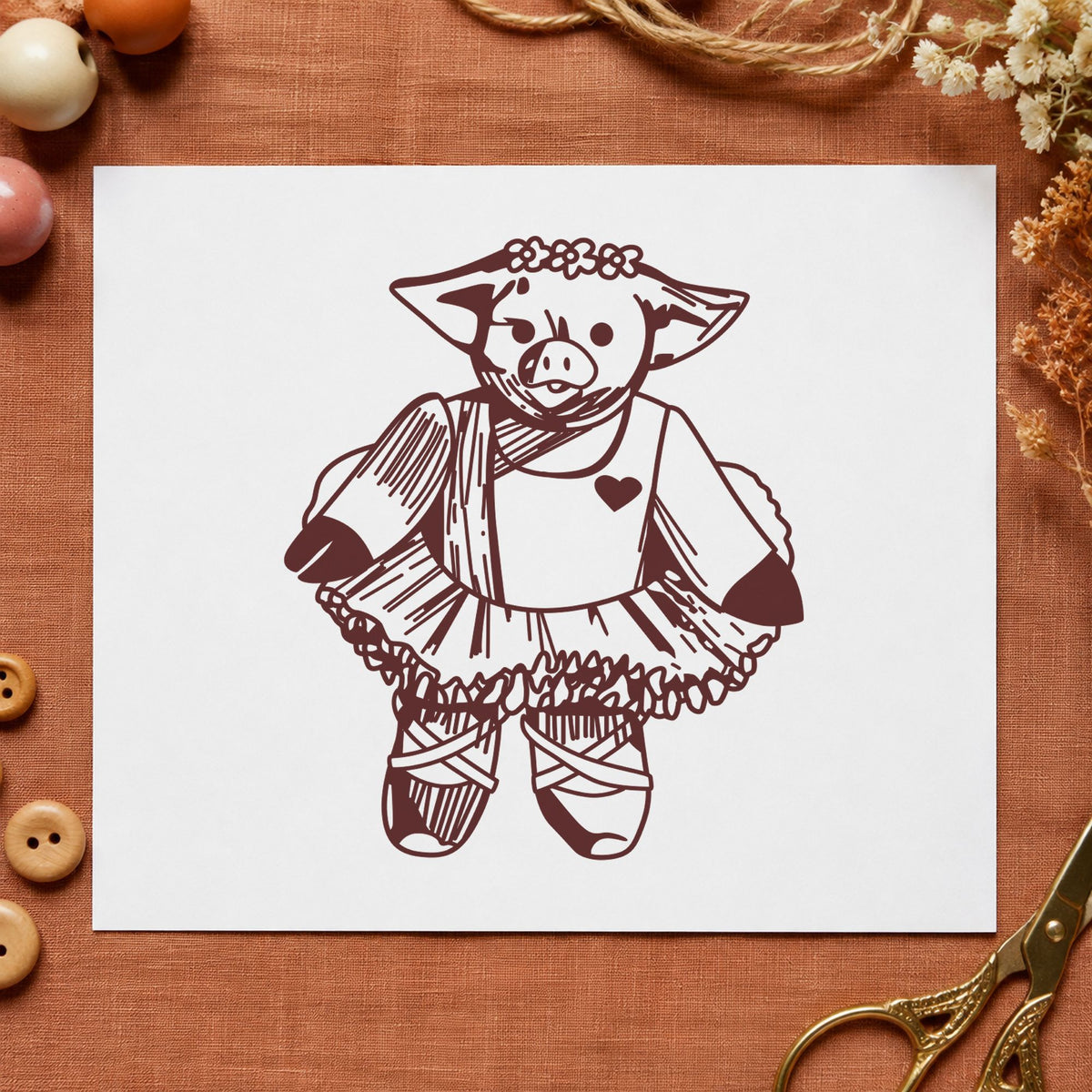 Ballet Pig Art Rubber Stamp in use 9