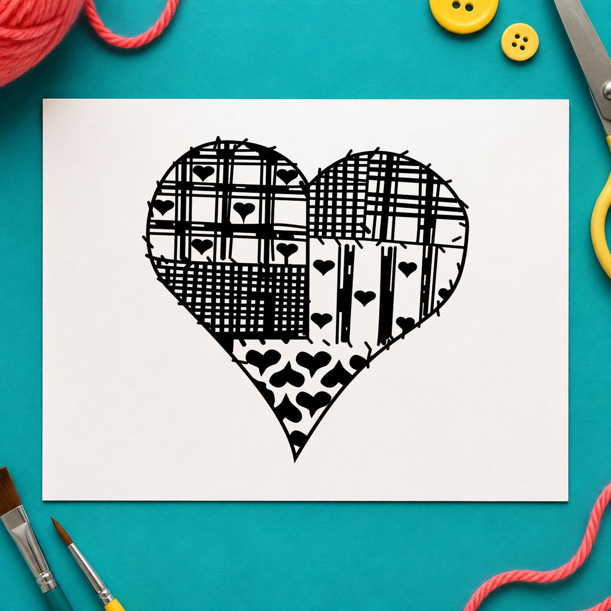 Patchwork Country Heart Rubber Stamp impression in black ink on white paper in a styled craft setting.