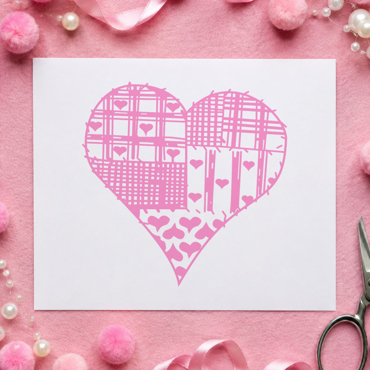 Patchwork Country Heart Rubber Stamp impression in pink ink on white paper in a styled craft setting.