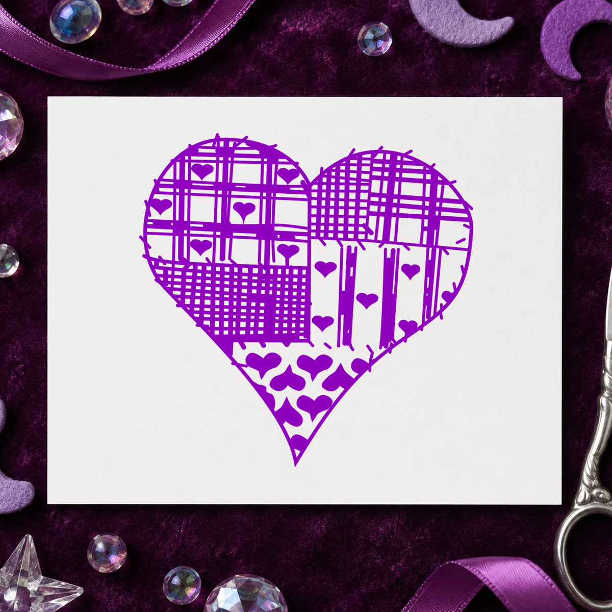 Patchwork Country Heart Rubber Stamp impression in purple ink on white paper in a styled craft setting.