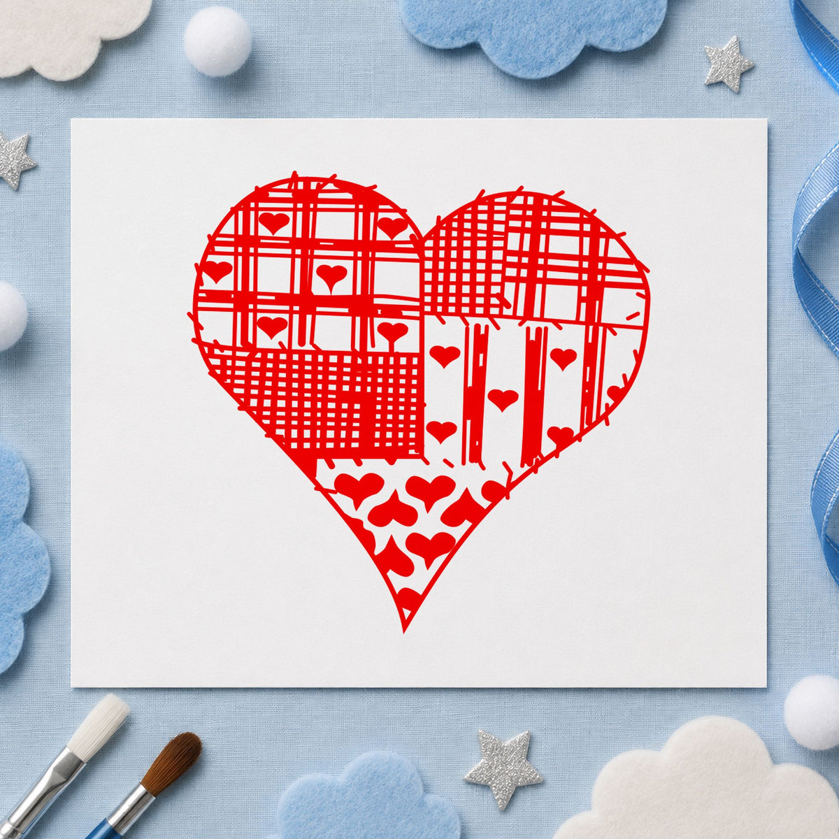 Patchwork Country Heart Rubber Stamp impression in red ink on white paper in a styled craft setting.