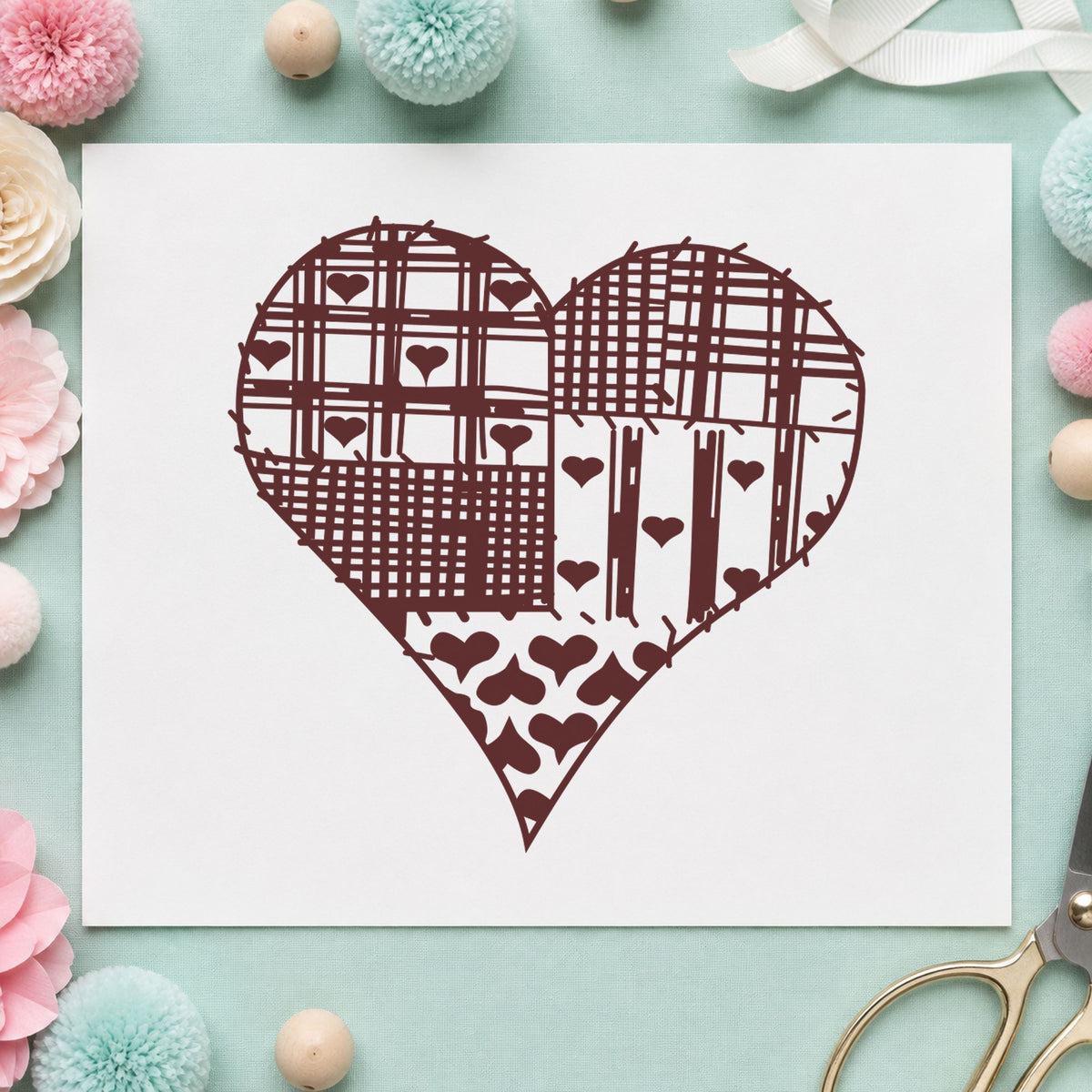 Patchwork Country Heart Rubber Stamp impression in brown ink on white paper in a styled craft setting.