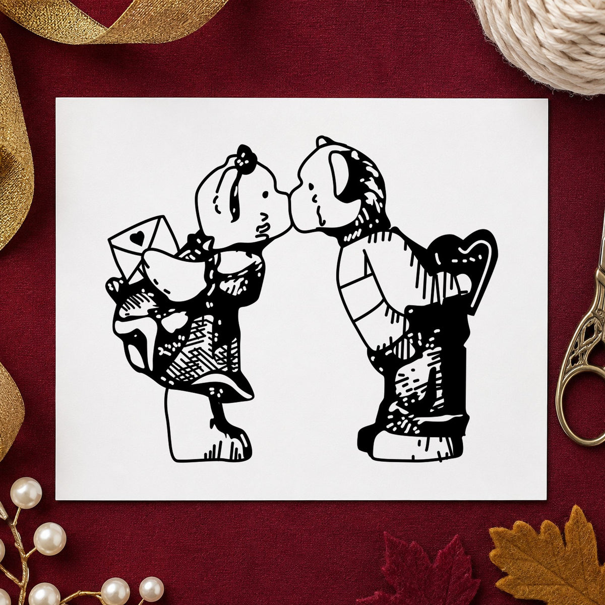 Kissing Bears with Valentines Art Rubber Stamp in use 1