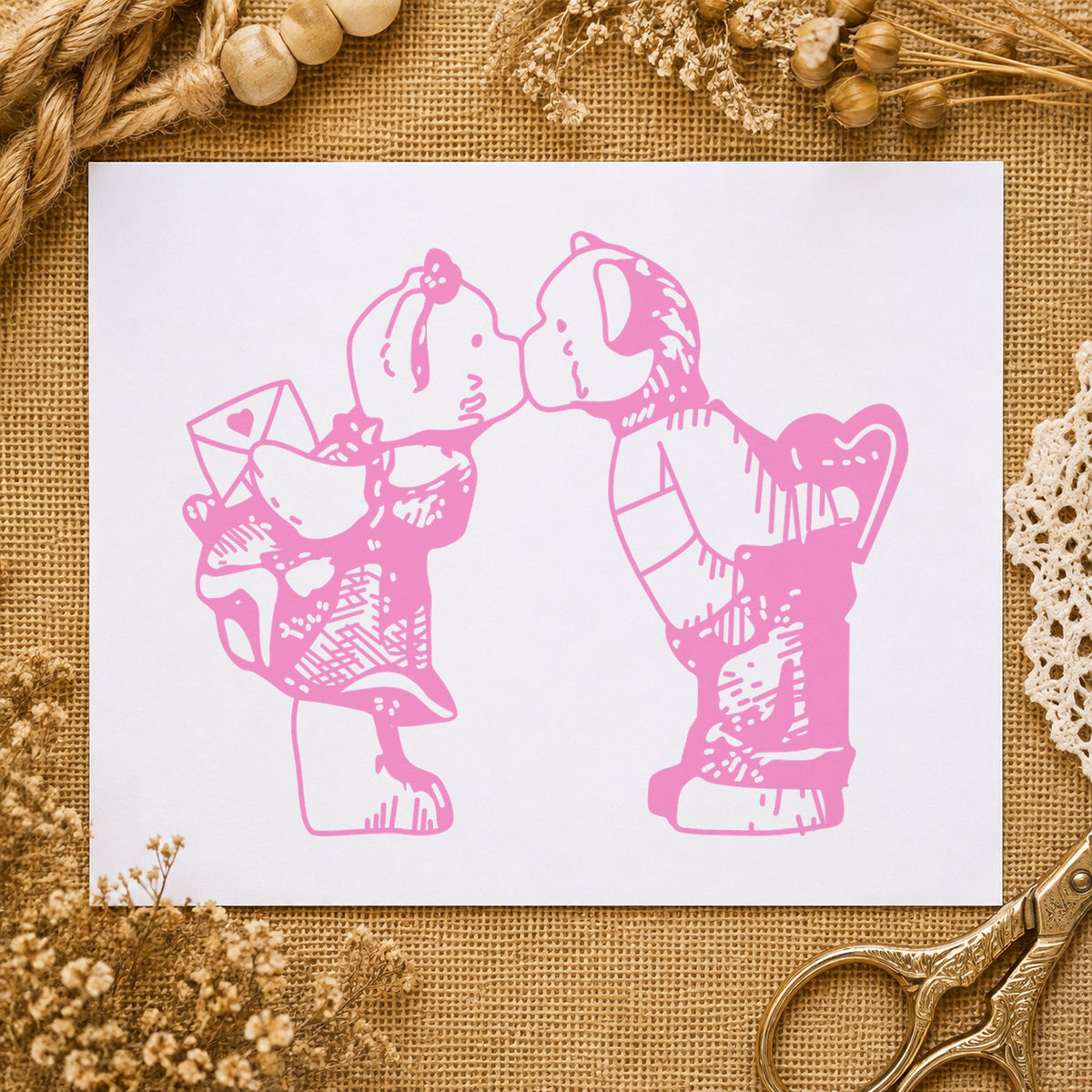 Kissing Bears with Valentines Art Rubber Stamp in use 6