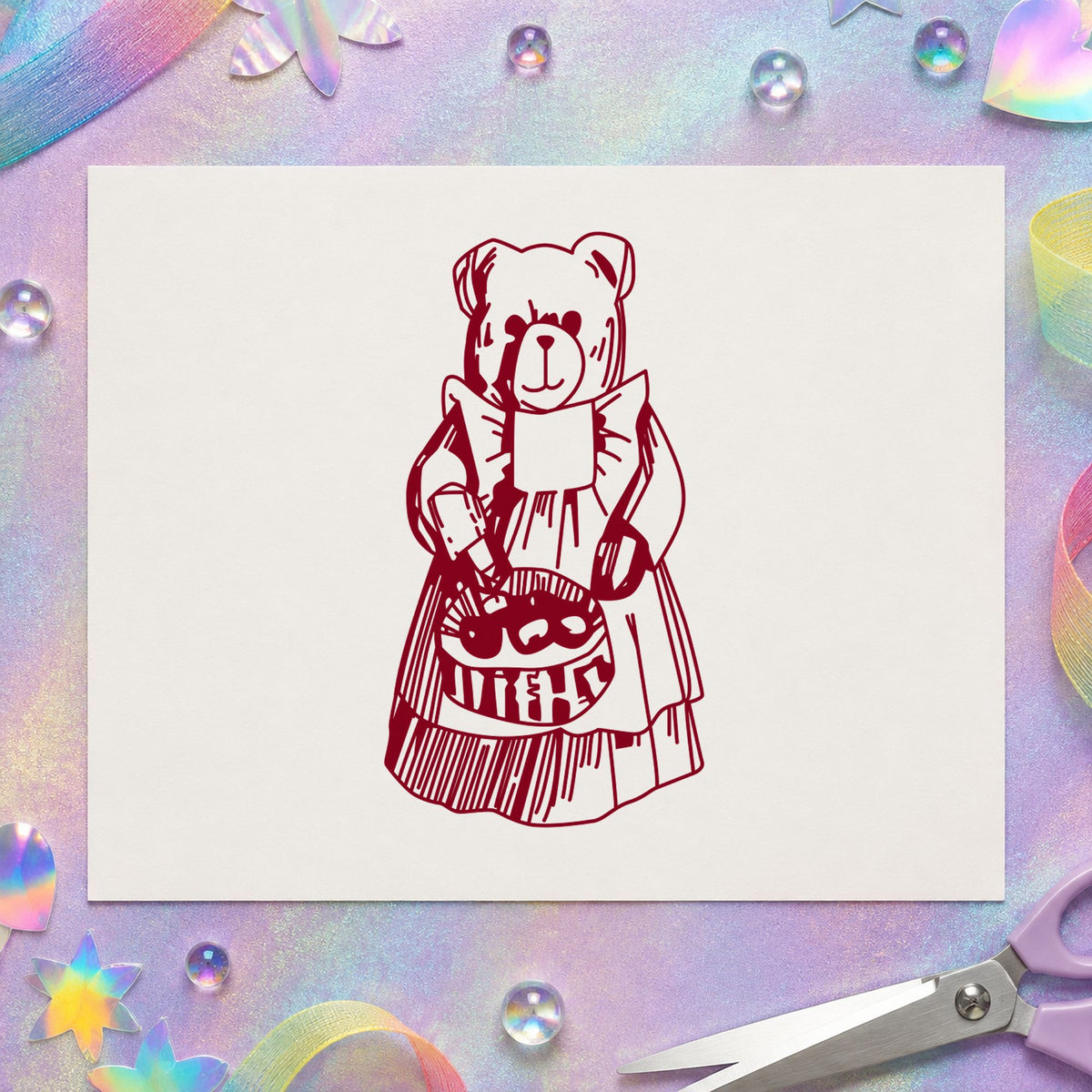 Country Bear with Produce Basket Rubber Stamp impression in burgundy ink on white paper in a styled craft setting.