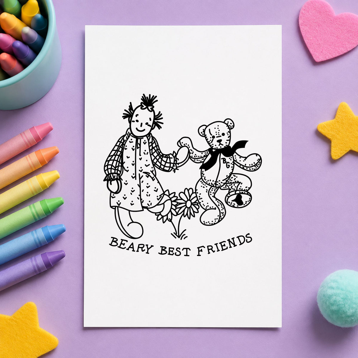 Black impression from a friendship rubber stamp, featuring the beary best friends bear and doll design on white paper.